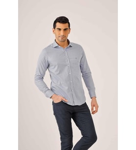Koyu Mavi Erkek Slim Fit Ekose Desenli Yarım İtalyan Yaka Uzun Kol Gömlek - 90004