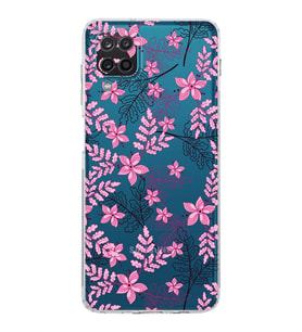 Samsung Galaxy A12  Kamera Korumalı  Kapak Floral Pembe Tasarımlı  Şeffaf Kılıf