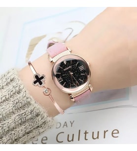 Gogoey Kadın Kol Saati + Bileklik Lüks Moda Şık Trend Bayan Saat Pembe Rose Gold Doğum Günü Hediye
