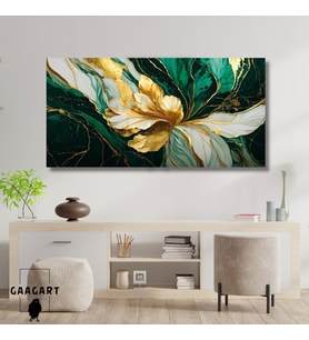 Panoramik Kanvas Duvar Tablosu Soyut Yeşil Gold Mermer Deseni