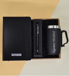 Kişiye Özel Siyah Termo Defter& Siyah Bardak Termos& Siyah Touch Pen Hediye Seti