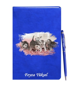 Kişiye Özel Kedi Tasarımlı Mavi Defter Kalem Hediye Seti