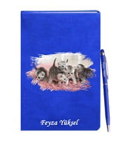 Kişiye Özel Kedi Tasarımlı Mavi Defter Kalem Hediye Seti