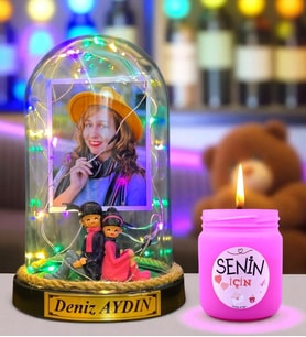 Kişiye Özel Renkli Led Işıklı Fanus ve Kokulu Mum Hediye Seti (Model 7)