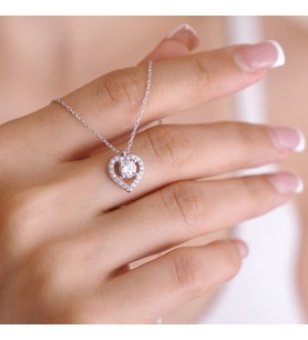 925 Ayar Radyum Kaplama Swarovski Tek Taşlı Kalp Gümüş Kolye