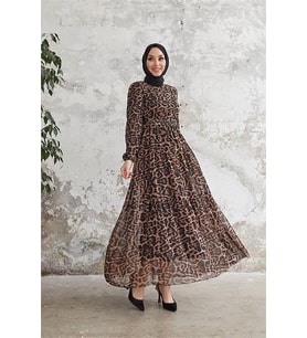Neşeli butik kadın leopar desenli ithal kumaş tesettür şifon elbise SMS028