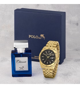 Polo Air Mercek Takvimli Erkek Kol Saati 55ml Parfüm Hediyelik Kutusunda Kombin Gold Siyah Renk PL-7005E5 (Siyah-Gold)