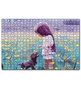 Cakapuzzle Küçük Kız Sarı Çiçekler ve Yavru Köpek Puzzle Yapboz MDF (Ahşap) (120 Parça)