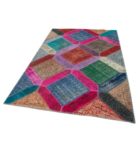 Çok Renkli El Dokuma Salon Halısı Vintage Patchwork Geometrik Desenli Dekoratif Parça