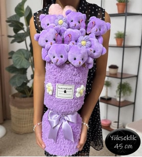 Premium Lila Mor Sevimli Peluş Ayıcıklı Vazo Tasarımlı Buket