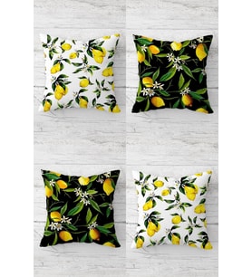 Limon Ve Limon Çiçekleri Desenli Gizli Fermuarlı Kırlent Kılıfı Koltuk Yastık Kılıfı Takım(4adet) (Sarı-Yeşil)