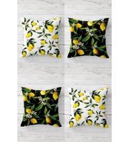 Limon Ve Limon Çiçekleri Desenli Gizli Fermuarlı Kırlent Kılıfı Koltuk Yastık Kılıfı Takım(4adet) (Sarı-Yeşil)