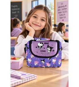 Hello Kitty ve Kuromi Friends Mor Termoslu Beslenme Çantası Çocuk Okul Yemek Çantası 24x22x14 cm