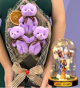 Sizlere Özel Led Işıklı Fanus ve Büyük Boy Mor Peluş Ayıcık Buketi - Premium Hediye Seti (Model 9)