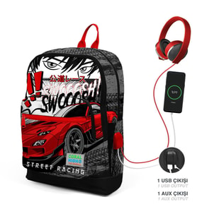 Coral High Kids Siyah Kırmızı Anime Araba Desenli Dört Bölmeli USB'li Okul Sırt Çantası 23847