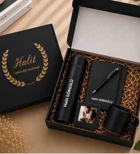 Kişiye Özel isimli defter kalem fincan fotoğraf  siyah set (Siyah)