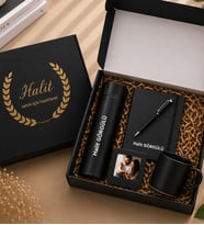 Kişiye Özel isimli defter kalem fincan fotoğraf  siyah set (Siyah)