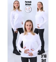 KADIN BOĞAZLI PARMAK DETAYLI UZUN KOLLU BODY 3LÜ SET