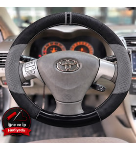 Toyota Corolla RunX Dikme Direksiyon Kılıfı Delikli Deri Parlak Siyah Gri Detay Çift Yüzük ve Dikiş 2004-2006