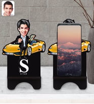 BK Gift Kişiye Özel Plakalı Erkek Lamborghini Karikatürlü Ahşap Biblo Telefon Standı-1