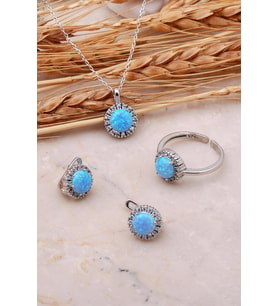 Opal Taşlı Gümüş Üçlü Set 2428 (Mavi)