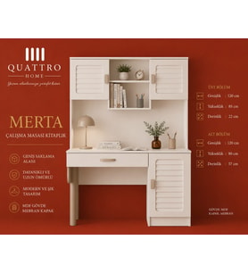 MERTA KİTAPLIKLI ÇALIŞMA MASASI -Üst bölüm: 120 × 85 × 22 cm Alt bölüm: 120 × 80 × 57 cm %100 MDF