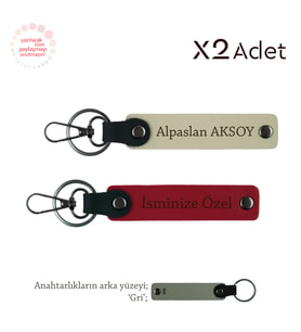 Arkadaşa Anlamlı Jest, İsim Yazılı 2’li Anahtarlık Hediye Takımı, Kırmızı-Sütlü Kahve-Gri
