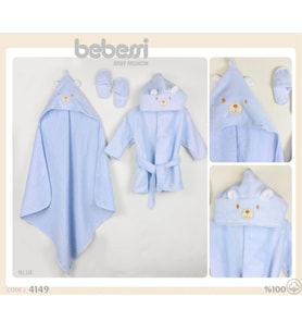 Bebessi %100 Pamuk Big Bear 3'lü Bornoz Seti Mavi BBS.4149.MAV