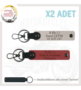 Motor Tutkunlarına, İsim Plaka ve B Rh (-) Kan Grubu Yazılı 2'li Anahtarlık, Nar Çiçeği-Pudra-Laci (Çok Renkli)
