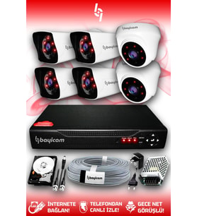 BAYICAM 6 Kameralı Kare 2 İç Kamera Set 100 GB HDD Full HD Gece Görüşlü Güvenlik Kamerası Sistemi