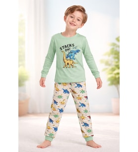 Yeşil ve Beyaz Erkek Çocuk Pijama Takımı 5-9 Yaş Günlük Rahatlık