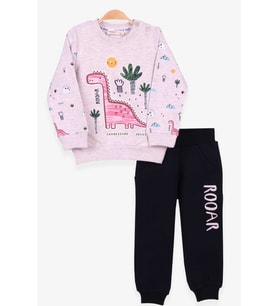 Breeze Erkek Bebek Eşofman Takımı Dinozor Desenli 6 Ay-2 Yaş, Bej Melanj