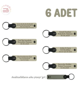Sütlü Kahve & Gri, Evlilik Yıldönümü Hediyesi, İsme Özel, 6'lı Hatıra Deri Anahtarlık Set