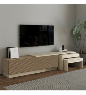 Nest TV Sehpası – Modern Tasarım,2 Kapaklı Depolama ve İkili Zigon Sehpa ile Fonksiyonel Mobilya (Meşe)