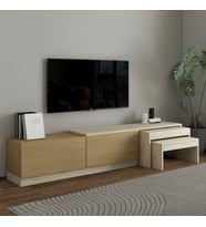 Nest TV Sehpası – Modern Tasarım,2 Kapaklı Depolama ve İkili Zigon Sehpa ile Fonksiyonel Mobilya (Meşe)