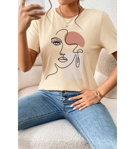 Unisex Make Up Siluet Baskılı Tasarım Tshirt (Bej)