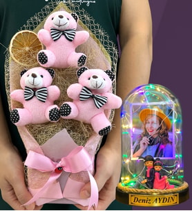 Size Özel Renkli Led Işıklı Fanus ve Büyük Boy Pembe Ayıcık Buketi Hediye Seti (Model 7)