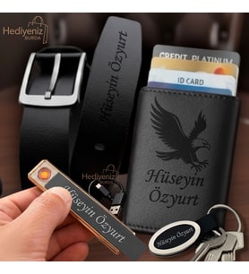 Babaya Arkadaşa Eşe Sevgiliye Hediye İsme Özel Premium Tasarım Erkek Hediye Seti - Mekanizmalı Otomatik Kartlık Cüzdan Kemer Usb Çakmak Anahtarlık - Kartal Logo Tasarımlı