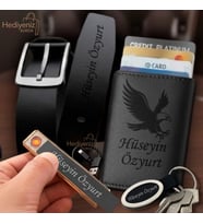 Babaya Arkadaşa Eşe Sevgiliye Hediye İsme Özel Premium Tasarım Erkek Hediye Seti - Mekanizmalı Otomatik Kartlık Cüzdan Kemer Usb Çakmak Anahtarlık - Kartal Logo Tasarımlı