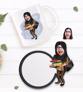 BK Gift Kişiye Özel Tesettürlü Kadın Öğretmen Karikatürlü Beyaz Kupa ve Ahşap Bardak Altlığı Hediye Seti-2