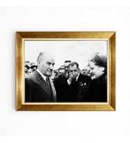 Tablore Altın Çerçeveli Atatürk Ve Afet İnan Nostaljik Siyah Beyaz Tablo Tarihi Ofis Resmi