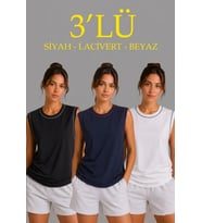 3’lü Kolsuz Sporcu Atlet Seti Yazlık Bisiklet Yaka - Siyah, Lacivert, Beyaz