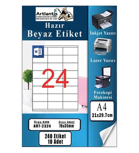 A4 Hazır Etiket 70x35 mm 10 Sayfa 1 Paket 24 lü Kendinden Yapışkanlı Fotokopi Lazer İnkjet Kağıdı Yazıcılar İçin Uyumlu (Beyaz)