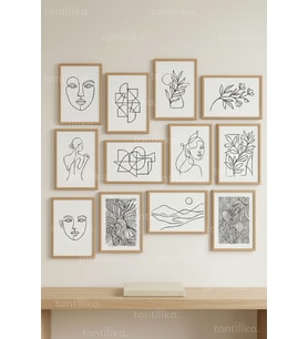 12 Parça Modern Line Art & Abstract 2 Renk Seçenekli Çerçeve Görünümlü Tablo Seti