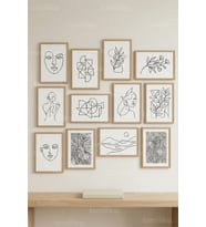 12 Parça Modern Line Art & Abstract 2 Renk Seçenekli Çerçeve Görünümlü Tablo Seti