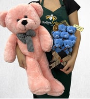 Kişiye Özel 7'li Peluş Ayıcık Buketi ve Büyük Boy Pembe Peluş Ayıcık (Model 5)