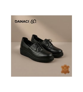 Premium Hakiki Deri Siyah Kadın Platform Taban Oxford Sneaker