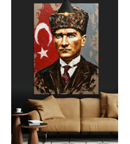 Bayrak Önünde Mustafa Kemal Atatürk Dekoratif Kanvas - Mdf Ahşap Tablo