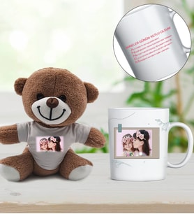 Anneler Gününe Özel Fotoğraflı Peluş Ayıcık & Fotoğraflı Ve Kişiye Özel Yazılı Kupa Hediye Seti
