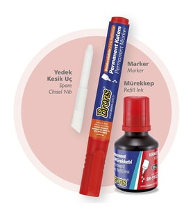 Brons Permanent Marker Seti Kesik Uç Kırmızı (Kalem + Mürekkep + Yedek Uç) 